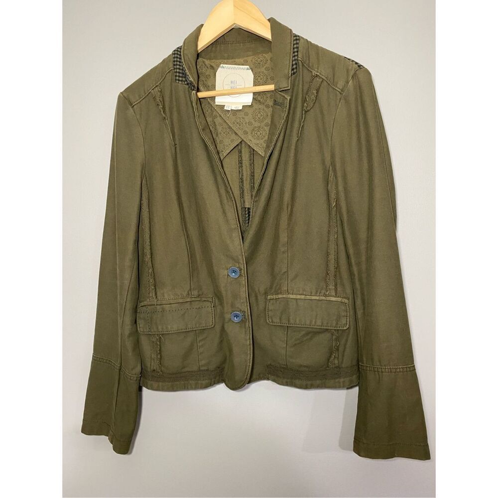 Size 12, Hei Hei Anthropology, Delaney jacket army green and black gingham back.